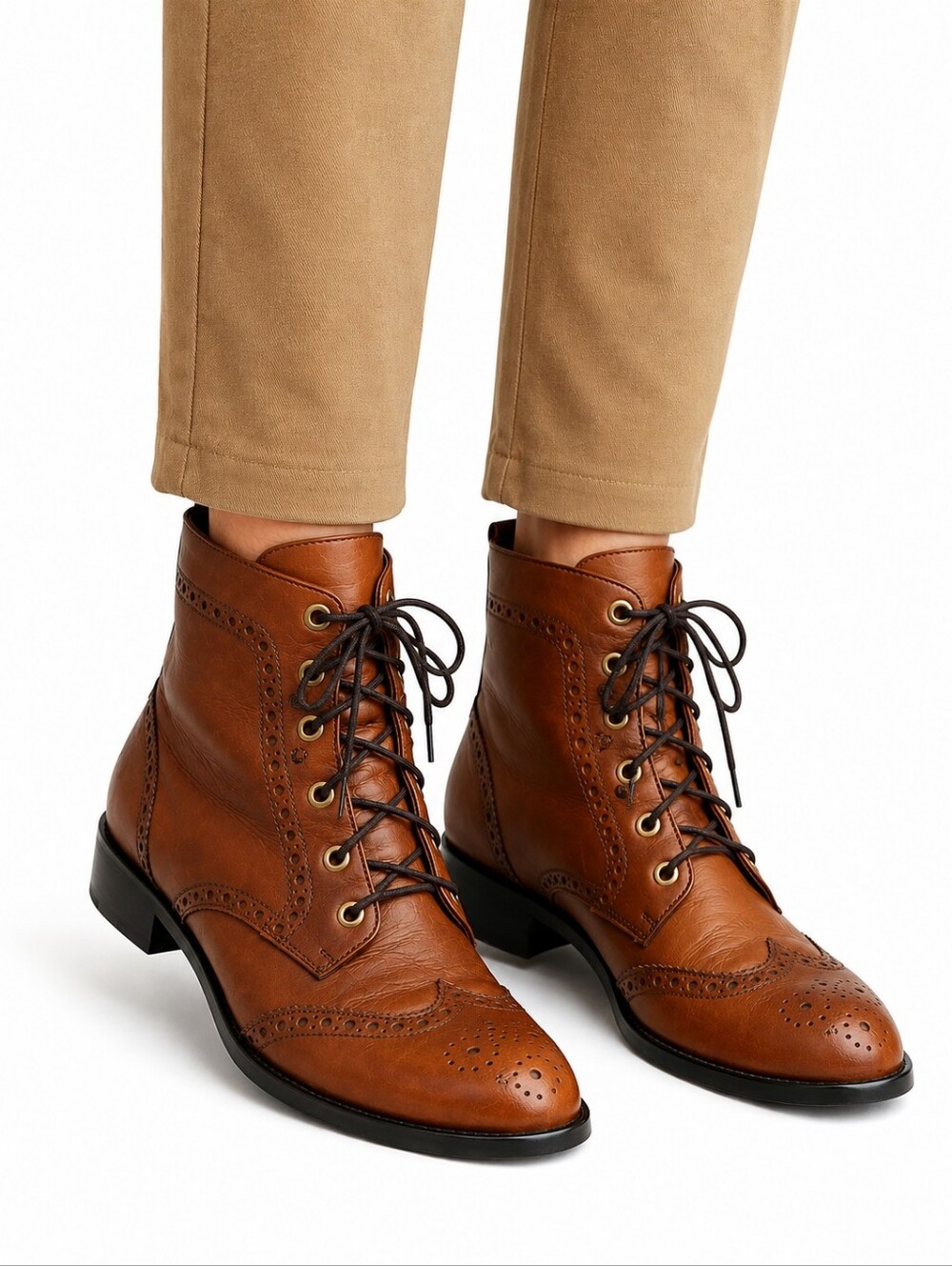 Franco Cuadra cognac leather wingtip lace-up ankle boots with full brogue detail